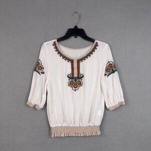 Artka Shirt Womens Medium White Embroidered Floral Boho Crazy in Life Peasant